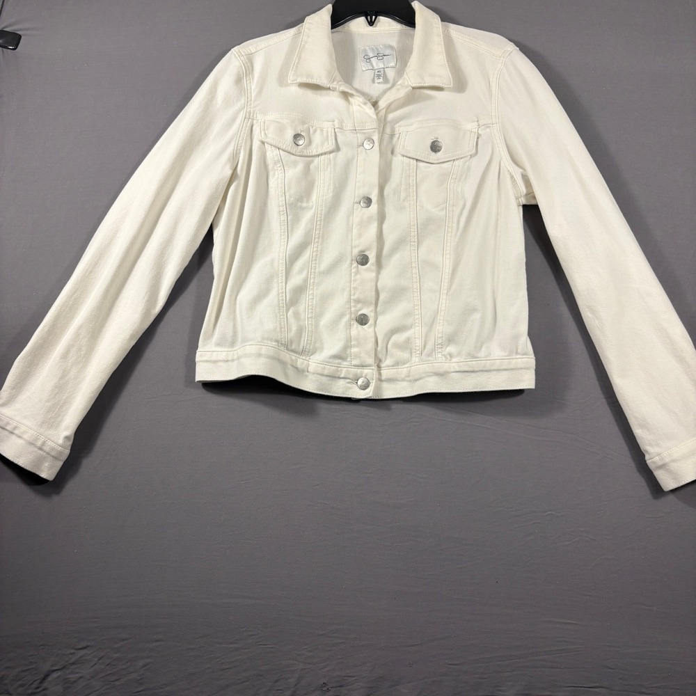 Jessica Simpson White Denim Jacket Womens XL Button Front Trucker Coat Stretch
